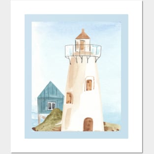 White lighthouse with blue house - maritime design Posters and Art